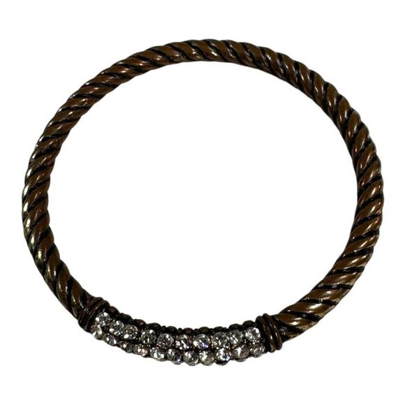 Vintage Brass Twisted Bangle With Rhinestone Accents Bangle Statement Bracelet - Picture 2 of 5